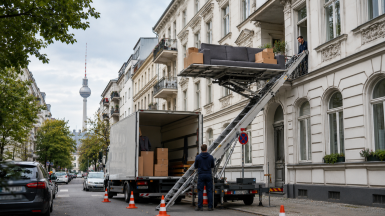 Möbellift in Berlin beim Transport eines Sofas aus einer Altbauwohnung mit professionellem Außenaufzug.