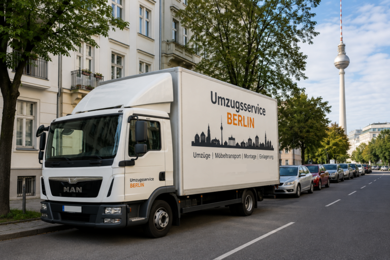 Umzugswagen in Berlin mit professionellem Umzugsservice und großem Möbeltransporter in einer Berliner Straße.
