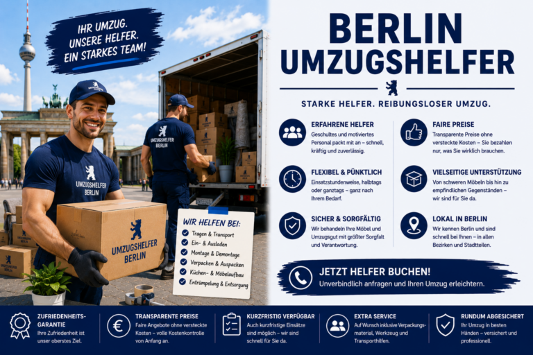Berlin Umzugshelfer tragen Möbel und Umzugskartons vor einem Transporter und unterstützen zuverlässig bei Umzug, Transport und Tragearbeiten