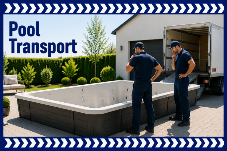 Umzugshelfer transportieren einen Pool sicher mit Transporter und tragen ihn fachgerecht zum neuen Standort