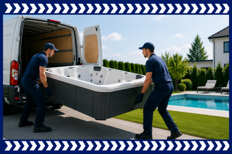Umzugshelfer besprechen den sicheren Pool Transport vor Ort und planen Verladung, Transportweg und fachgerechte Durchführung